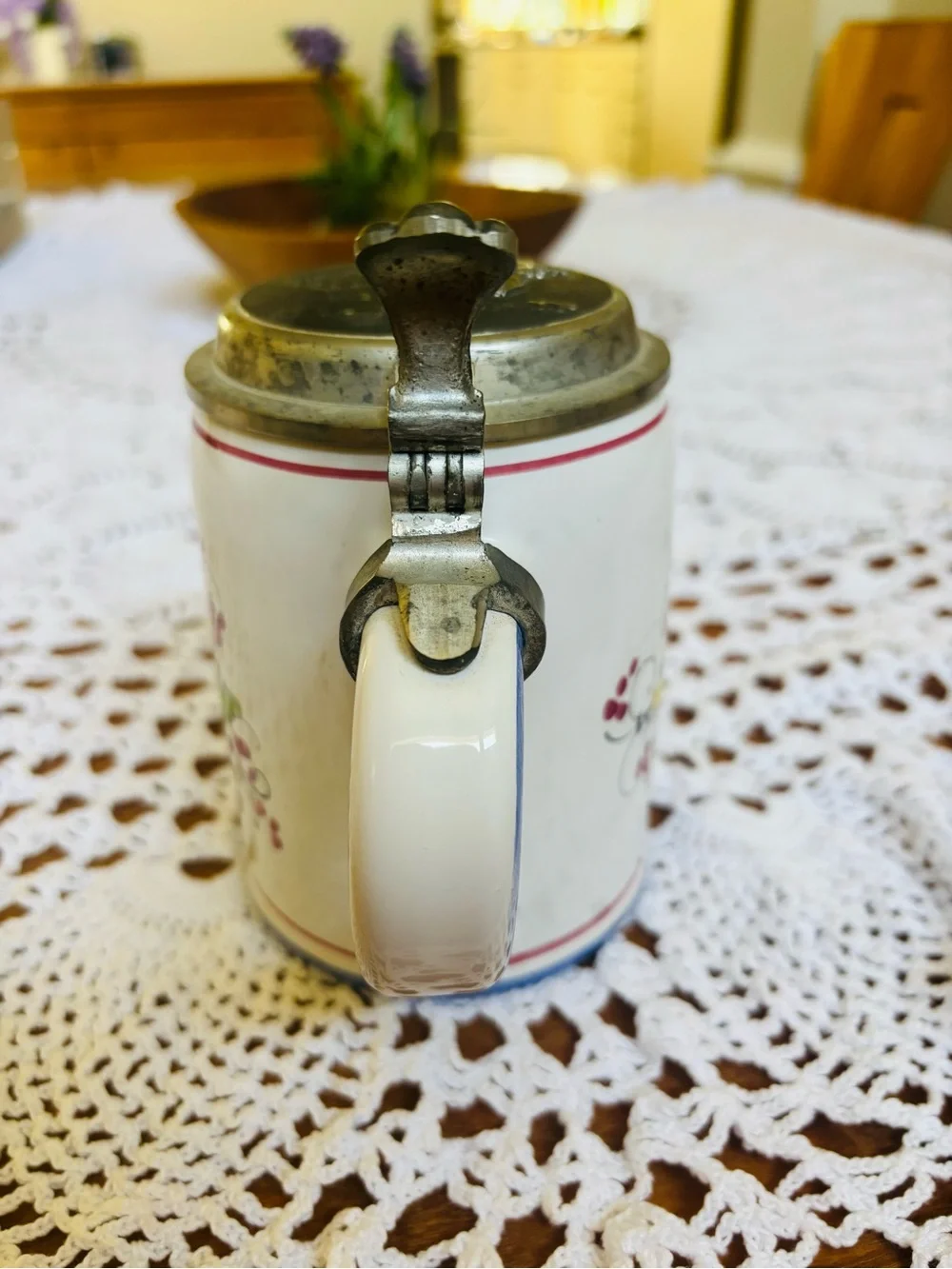 Vintage Signed Ceramic German Beer Stein with Pewter Lid - Floral Leaf Design